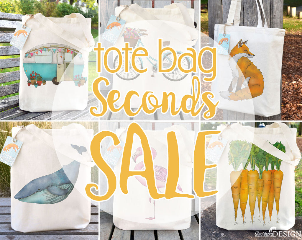 A collection of seconds tote bags on Sale.