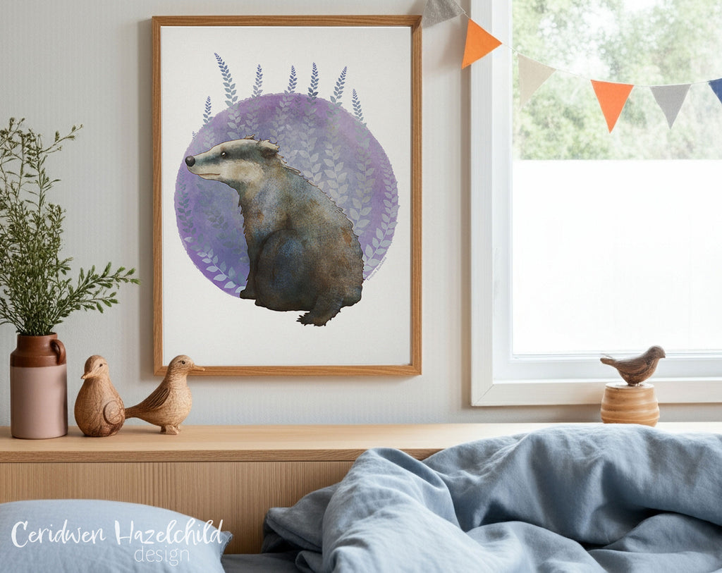 Framed artwork of a badger on a wall above a bed with decorative elements.