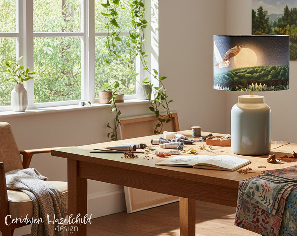 An artist studio with a design with art materials and a handmade lampshade featuring an illustration of a barn owl flying over woodland.