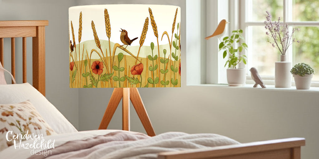 Hnadmade Lampshade with nature-themed design of a wren in a wheatfeild with poppies, in a bedroom with bird decor.