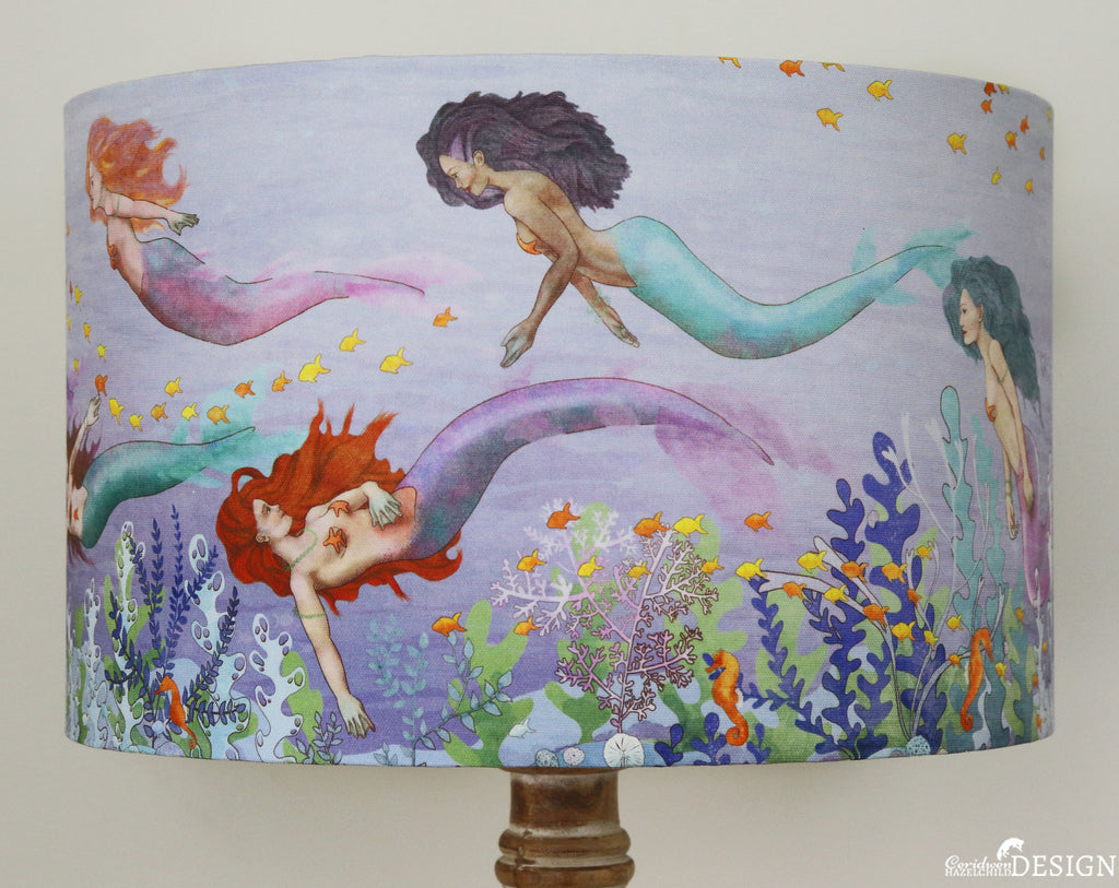 A large drum Mermaid Lampshade illustrared by Ceridwen Hazelchild,