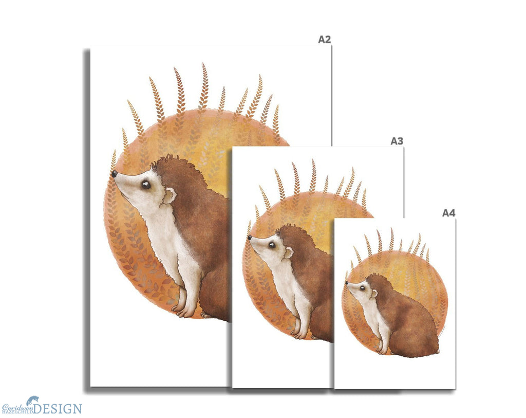 Hedgehog Art Print by Ceridwen Hazelchild, in three sizes, A4, A3, and A2