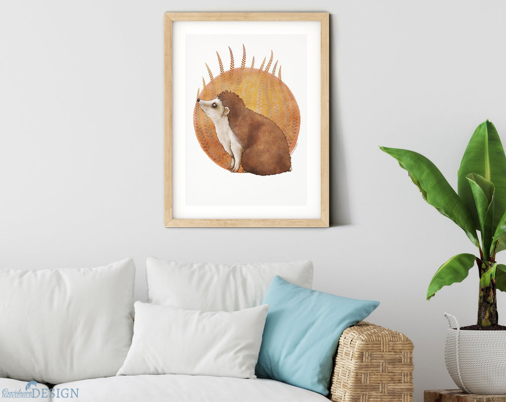 Hedgehog Art Print by Ceridwen Hazelchild, hanging in a living room