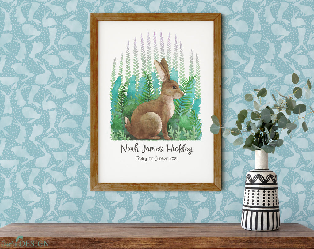 A rabbit-themed playroom wall with a framed art print of a rabbit, personalised with a new baby name and date of birth.