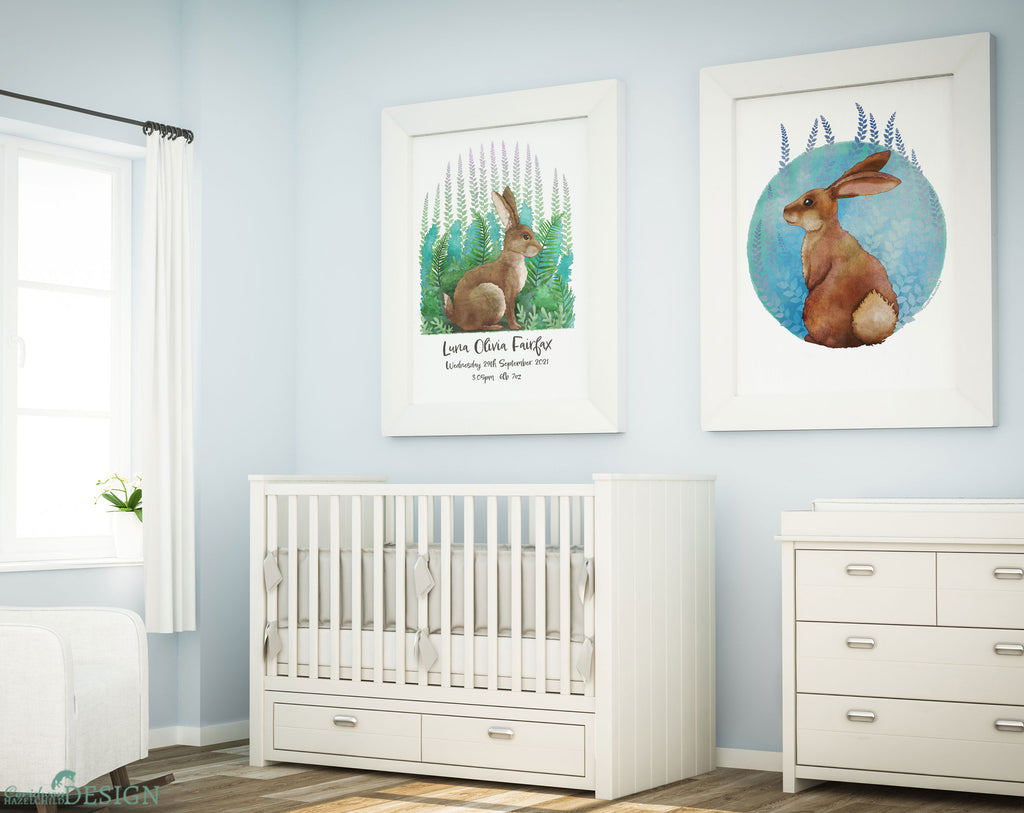 A nursery with two large rabbit prints on the wall, illustrated by Ceridwen Hazelchild. 