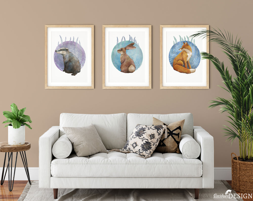 Woodland animal illustrations decorating a living room wall.